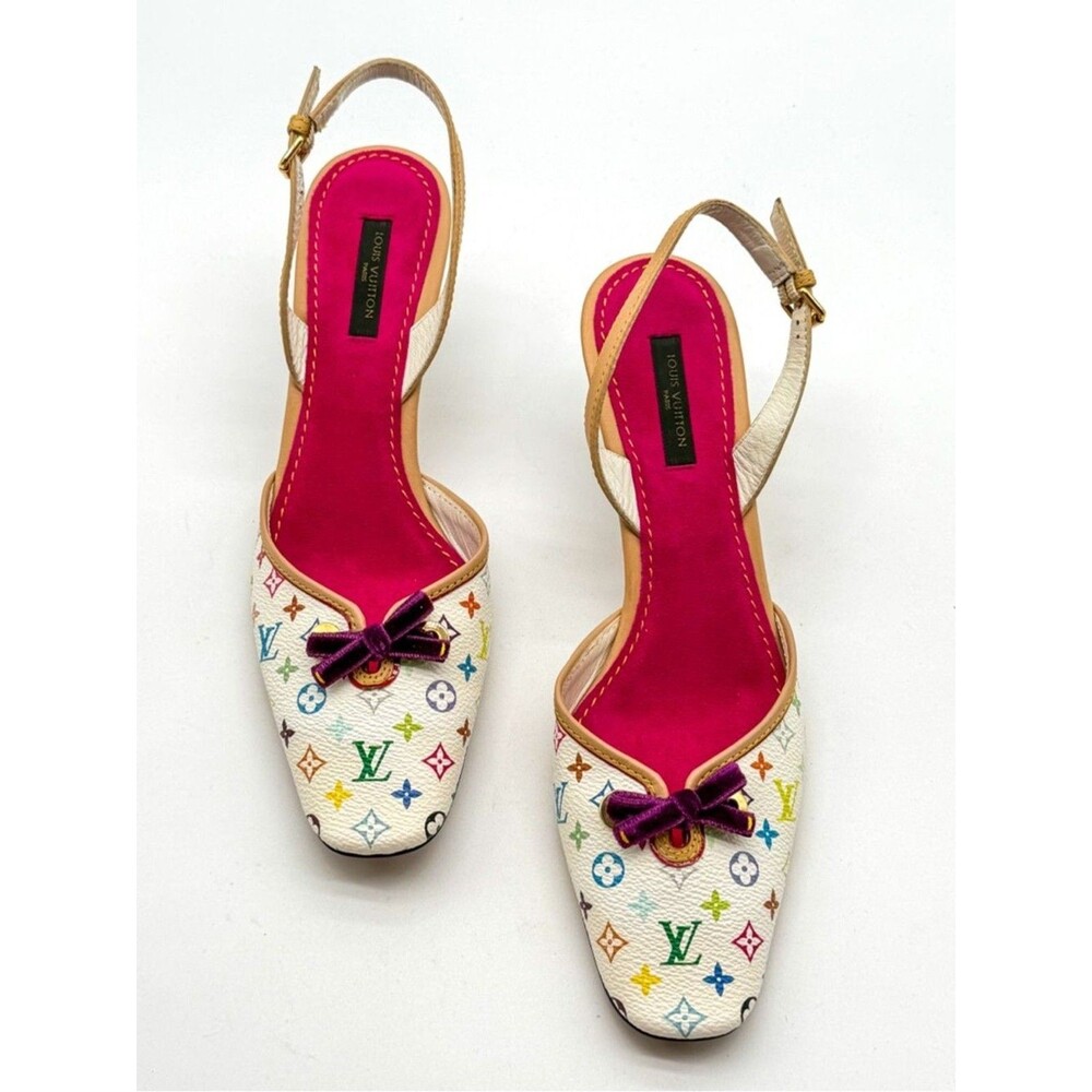 Louis Vuitton Takashi Murakami Vintage White Monogram Slingback Heels EU 38 US 8 - Picture 3 of 14